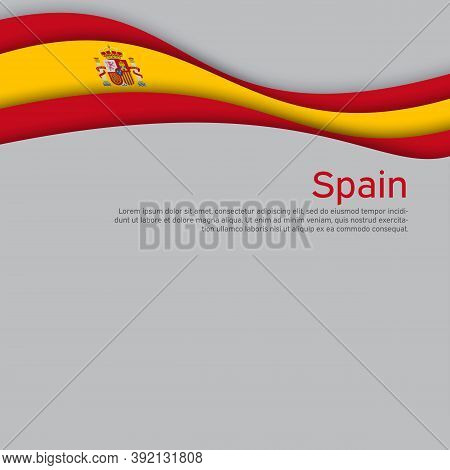 Abstract Waving Spain Flag. Paper Cut Style. Creative Background For Spain Patriotic Holiday Card De