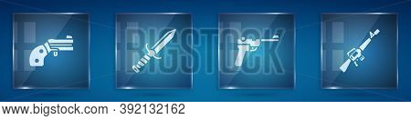 Set Small Gun Revolver, Military Knife, Mauser And M16a1 Rifle. Square Glass Panels. Vector
