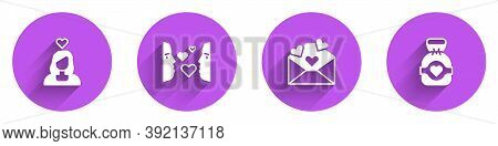 Set Couple In Love, Love At First Sight, Envelope With Valentine Heart And Chocolate Candy Icon With