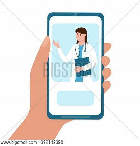 Hand Holding Mobile Phone With Online Doctor Service. Therapist Give Consultation To Patient From Sm