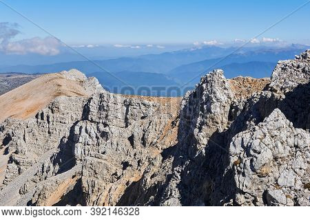 Sheer Cliffs Along The Summit Ridge Of Mount Oshten In The Western Caucasus, In The Republic Of Adyg