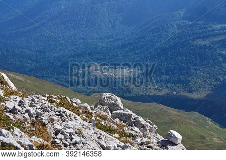 View From The Mountain Oshten To The Wooded Valley With Tourist Shelter Fisht In The Caucasian Reser