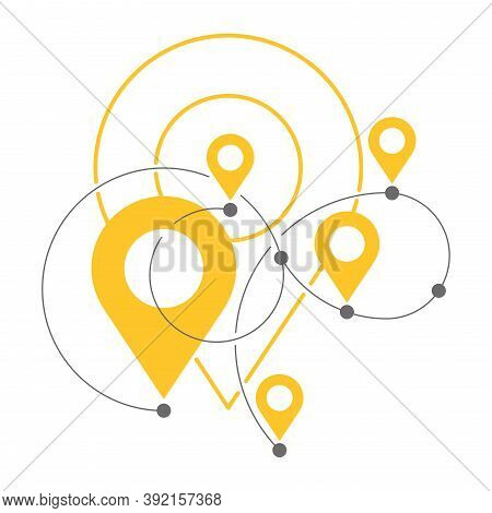 Travel Path - Dotted Curve Line With Yellow Geo Markers (pins) And Route Points - Vector Isolated Il