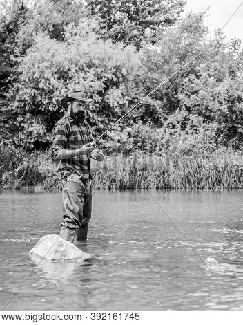 Man Bearded Fisherman. Fisherman Fishing Equipment. River Lake Lagoon Pond. Trout Farm. Fisherman Al