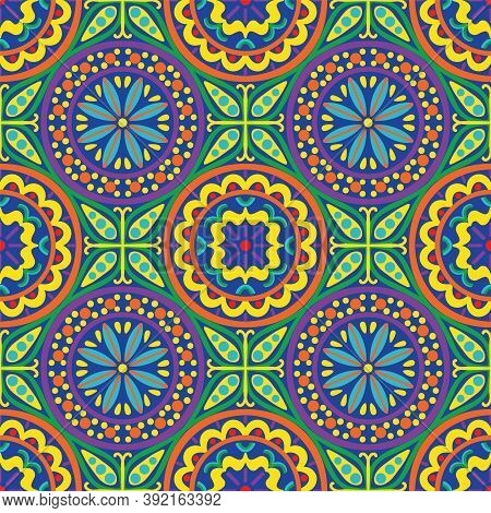 Vector Colorful Floral Geometric Seamless Pattern Background.