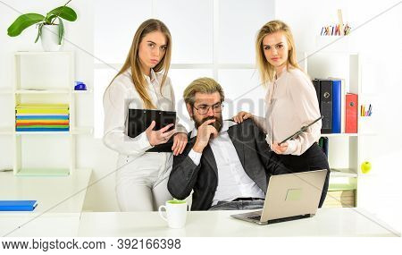 Flirting With Boss. Secretary And Manager. Office Affair. Surrounded By Beautiful Ladies. Seductive 