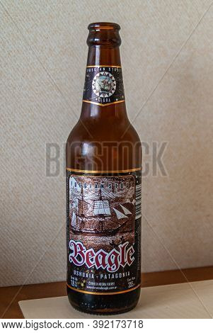 Ushuaia, Tierra Del Fuego, Argentina - December 13, 2008: Closeup Of Beagle Fuegian Stout Bottle Aga
