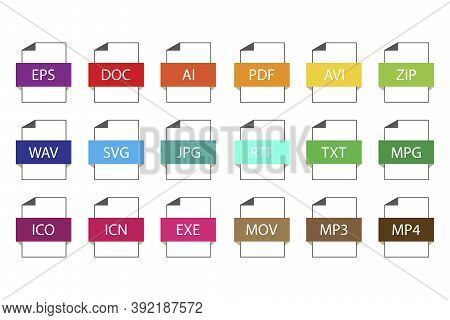 Vector Icons Of File Documents. Flat Illustrations Of Types Of Document Extensions. Stock Image.