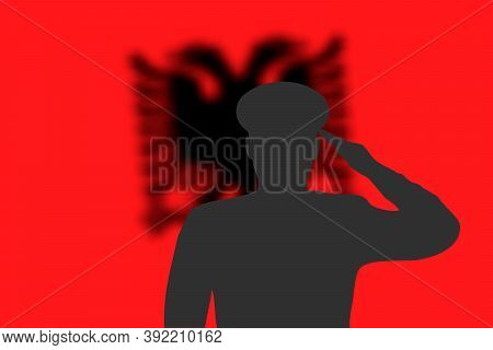 Solder Silhouette On Blur Background With Albania Flag.