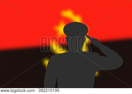 Solder Silhouette On Blur Background With Angola Flag.
