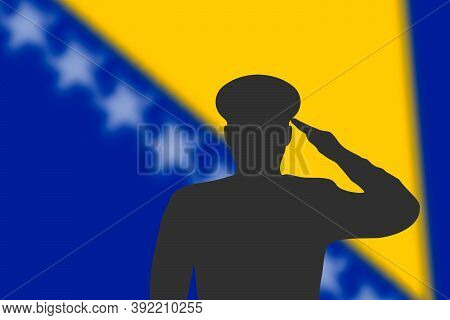 Solder Silhouette On Blur Background With Bosnia Flag.