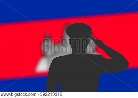 Solder Silhouette On Blur Background With Cambodia Flag.