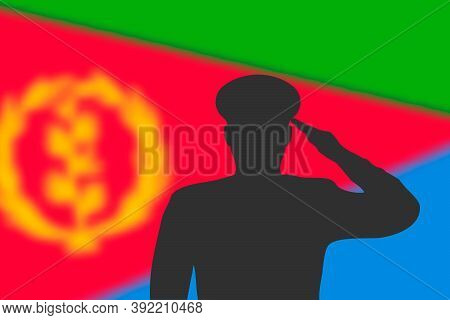 Solder Silhouette On Blur Background With Eritrea Flag.