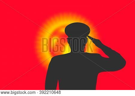 Solder Silhouette On Blur Background With Kyrgyzstan Flag.