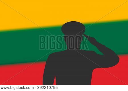 Solder Silhouette On Blur Background With Lithuania Flag.
