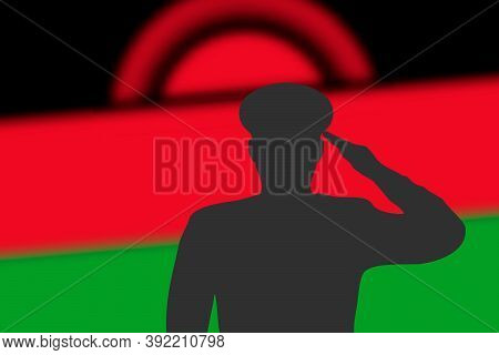 Solder Silhouette On Blur Background With Malawi Flag.