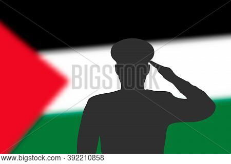 Solder Silhouette On Blur Background With Palestine Flag.