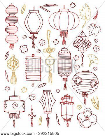 Set Of Traditional Chinese Paper Lanterns And Decorations. Hand Drawn Outline Vector Sketch Illustra