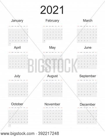 2021 Full Year Vector Wall Calendar In Minimal Simple Style On White Background. Week Starts In Sund