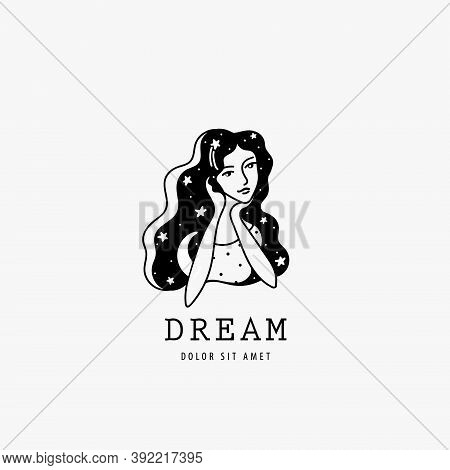 Vector Woman Face Logo, Black And White Hand Drawn Icon. Sitting Dreaming Lady, Stars And Moon In Cu