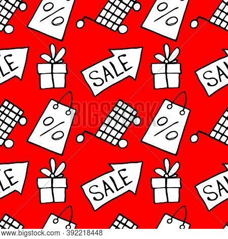 Vector Seamless Pattern With Inscriptions And Symbols Sale. Hand Drawn Background And Texture On The