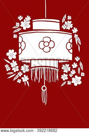 Traditional Chinese Paper Lantern Silhouette And Flowers. Hand Drawn Vector Sketch Illustration
