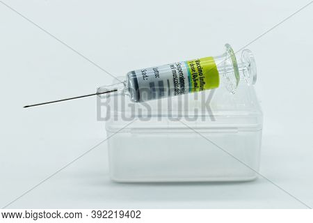 Syringe Of Italian Influenza Vaccine (vaccino Influenzale) Isolated On White Background