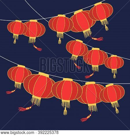 Garlands With Traditional Chinese Paper Lanterns. Hand Drawn Vector Sketch Illustration