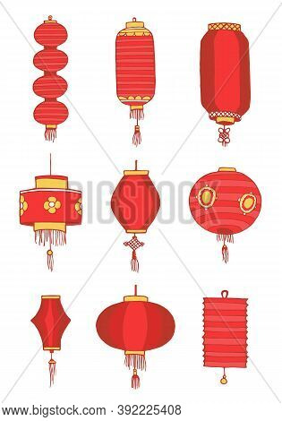 Set Of Traditional Chinese Paper Lanterns. Hand Drawn Vector Illustration Isolated On White Backgrou