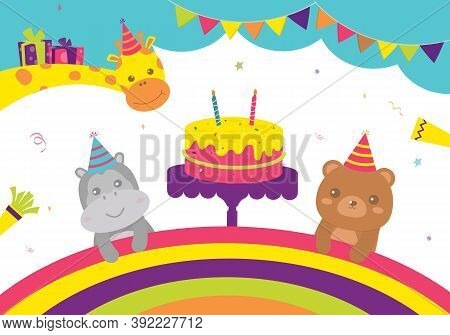 Vector Illustration Of Happy Birthday Animal Cake With Candle And Giftbox Decoration For Greetings C