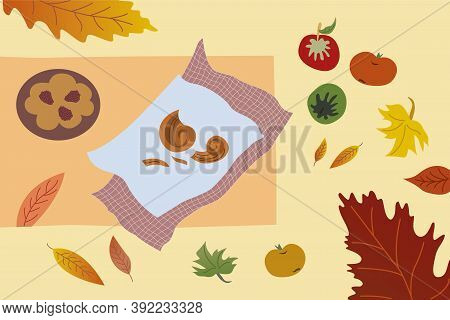 Autumn Time Buns On Plates Blackberry Pie Apples Yellow Red Green Leaves Autumn Cozy Composition
