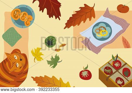 Autumn Composition Yellow Red Green Leaves Box With Apples Ginger Cat Donuts Buns Cozy Atmosphere To