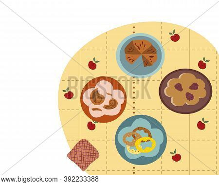 Treats On The Table Chocolate Pie Blackberry Pie Bagels Donuts With Sprinkles On Plates Tablecloth W