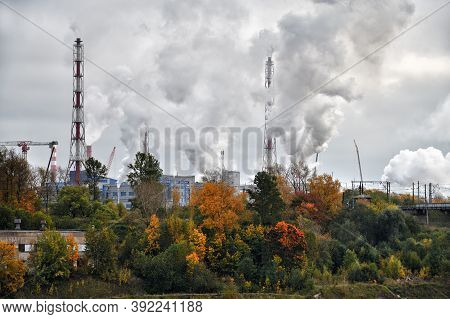Volkhov. Russia - September 29, 2020: Industrial Landscape. View On Volkhov Chemical Plant. Russia