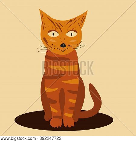 Striped Ginger Cat In Cartoon Style Sitting On The Mat Cute Pet