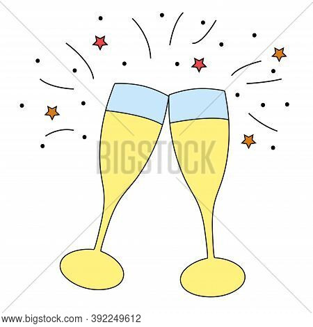 Colorful Two Champagne Glasses Toasting Celebration - Black And White Simple Outline Vector Hand Dra