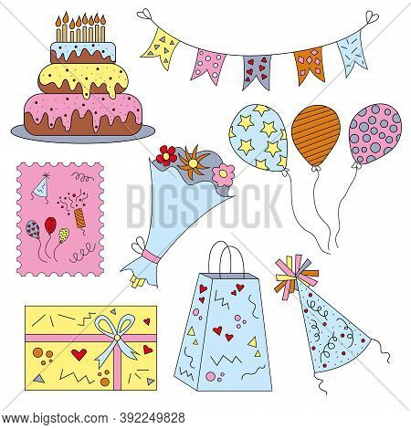 Party Multicolored Icons And Celebration Icons With White Background