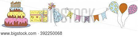 Collection Of Festive Multicolored Icons For Birthday Cake With Candles, Festive Box Cover With Flag