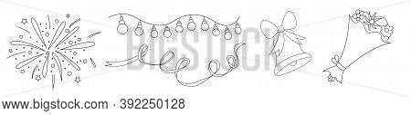 Collection Of Festive Icons Salute Fireworks, Ribbon, Garland, Bouquet With Flowers, Bell. Set Of Li