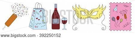Collection Of Festive Multicolored Icons, Orange Cracker, Festive Blue Package, Red Wine Bottle, Win