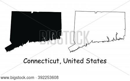 Connecticut Ct State Map Usa. Black Silhouette And Outline Maps Isolated On A White Background. Eps 
