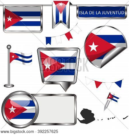 Glossy Badges Of Flag Of Isla De La Juventud, Cuba. Vector Image