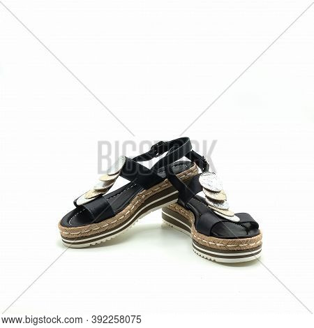 Summer Women's Sandals Made Of Genuine Leather. The Straps Are Dark Blue, Decorated With Silver And 