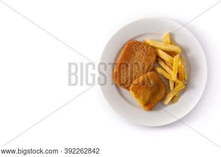 San Jacobo Steak Filled With Cheese And Ham Isolated On White Background.top View. Copy Space