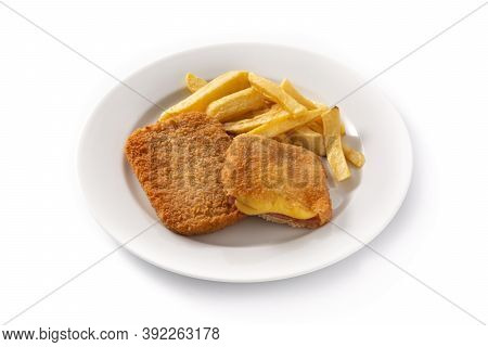 San Jacobo Steak Filled With Cheese And Ham Isolated On White Background