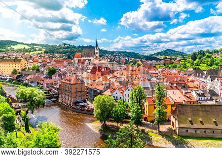 Panoramic View Of Cesky Krumlov With St Vitus Church In The Middle Of Historical City Centre. Cesky 