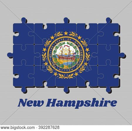 Jigsaw Puzzle Of New Hampshire Flag, The State Seal Of New Hampshire On A Blue Field Surrounded By L