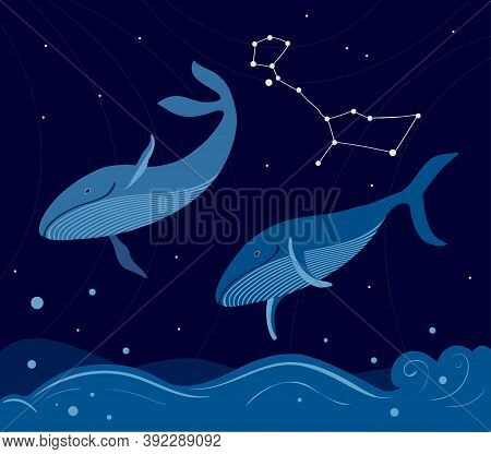 Night Sea With Two Whales Under The Starry Sky. Cetus Constellation.
