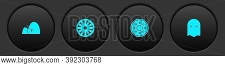 Set Bale Of Hay And Rake, Old Wooden Wheel, Round Shield And Executioner Mask Icon. Vector