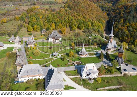 Barsana, Romania - October 28, 2020: View of Barsana Wooden Monastery site in Maramures County, Romania.